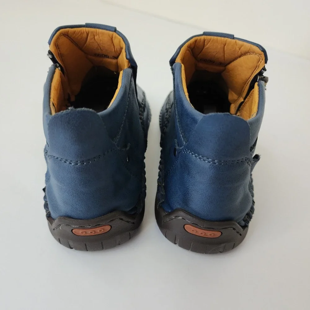 Fashion Sport Blue Leather Hand Stitched Ankle Boots Side Zip‎ Men's 7